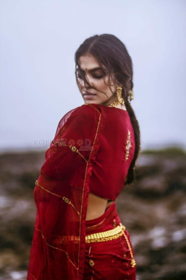 Actress Malavika Mohanan Red Saree Photoshoot Stills