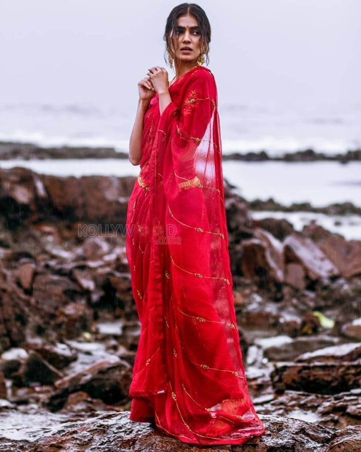 Actress Malavika Mohanan Red Saree Photoshoot Stills