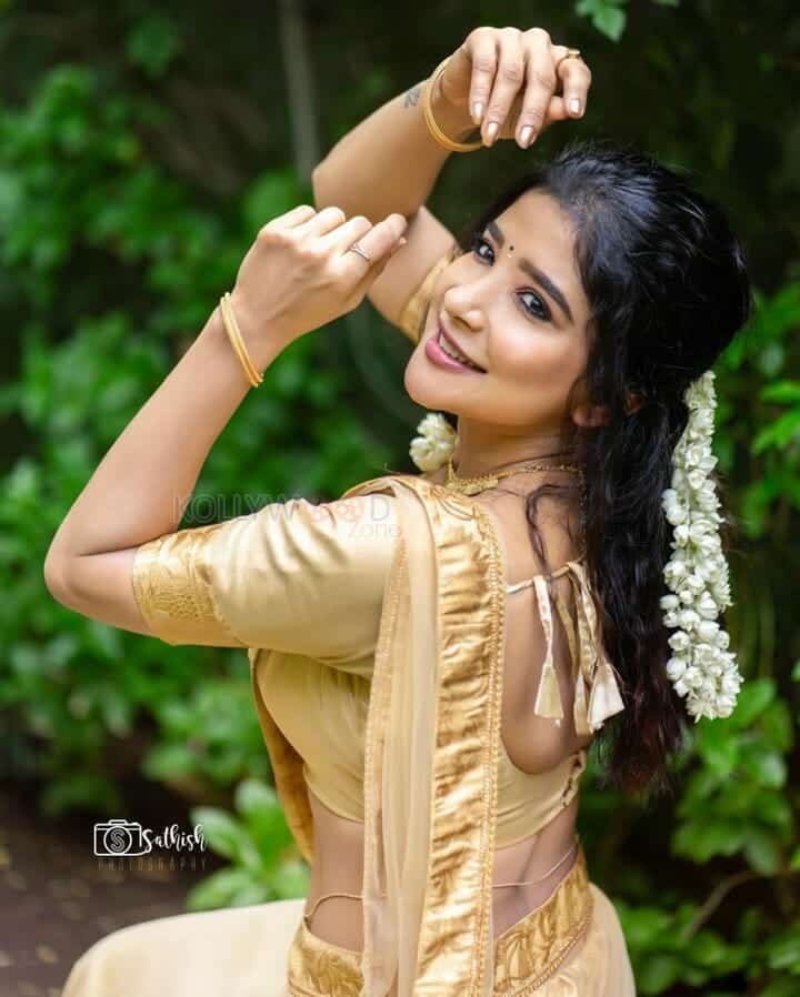 Actress Sakshi Agarwal in Golden Saree Photoshoot Stills 01