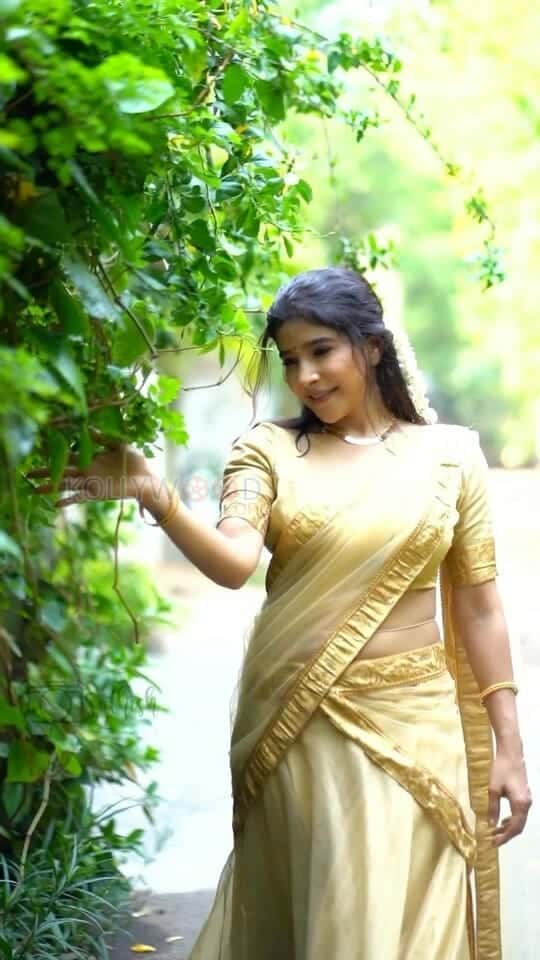Actress Sakshi Agarwal in Golden Saree Photoshoot Stills 03