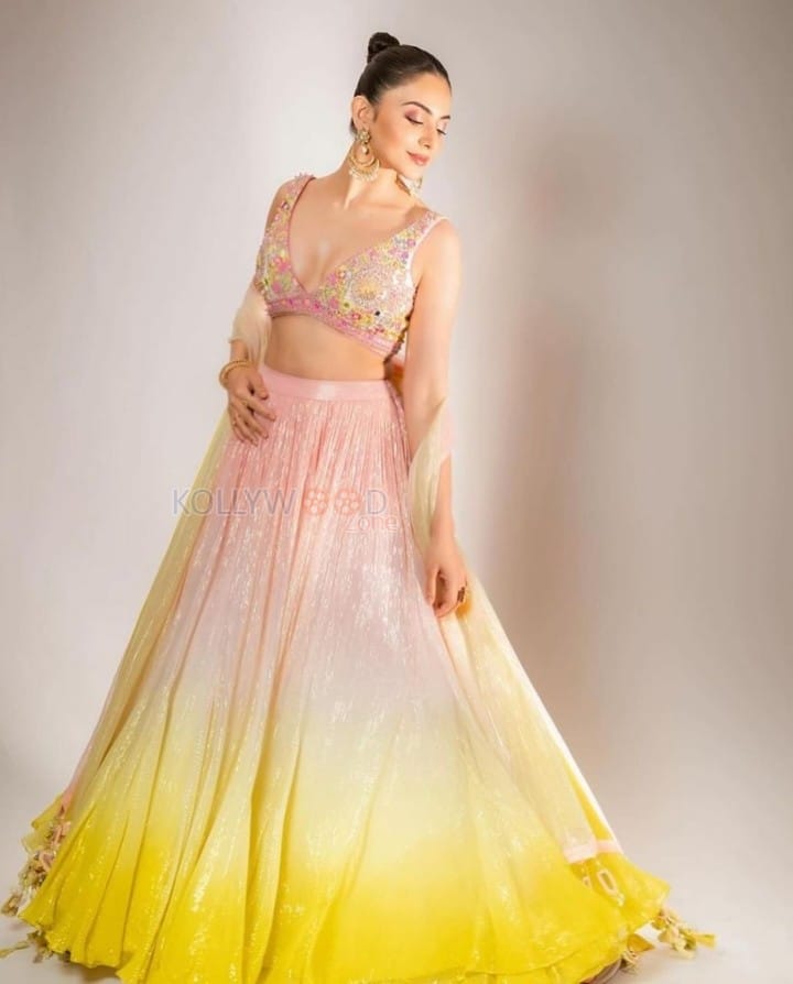 Alluring Rakul Preet Singh in a Blush Pink Yellow Embroidered Lehenga Photos 04