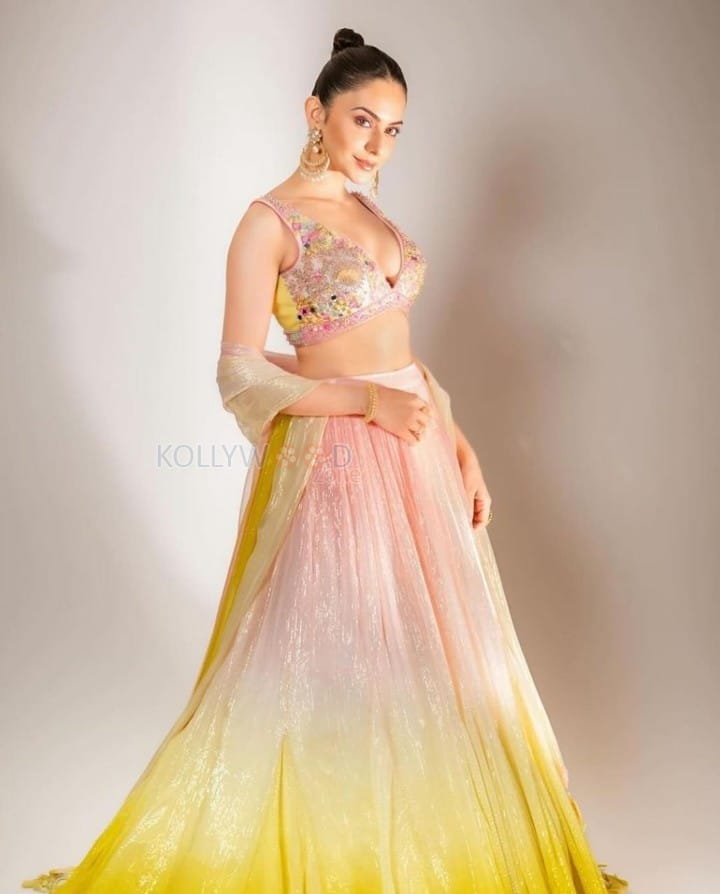 Alluring Rakul Preet Singh in a Blush Pink Yellow Embroidered Lehenga Photos 05