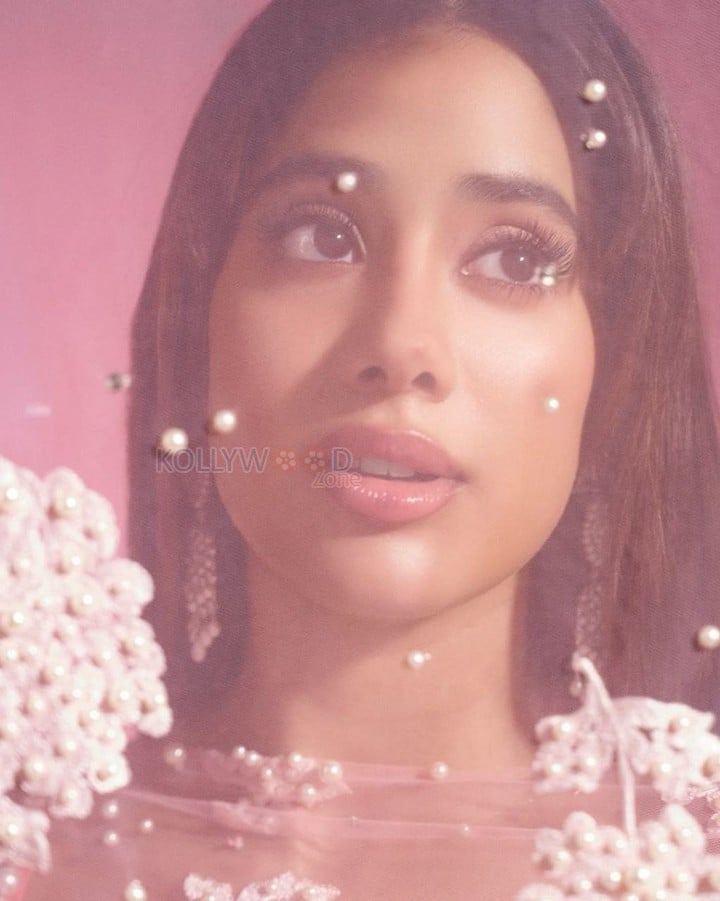 Beautiful Janhvi Kapoor in a Blush Pink Manish Malhotra Lehenga with a Sheer Blouse and Flowing Skirt Pictures 02