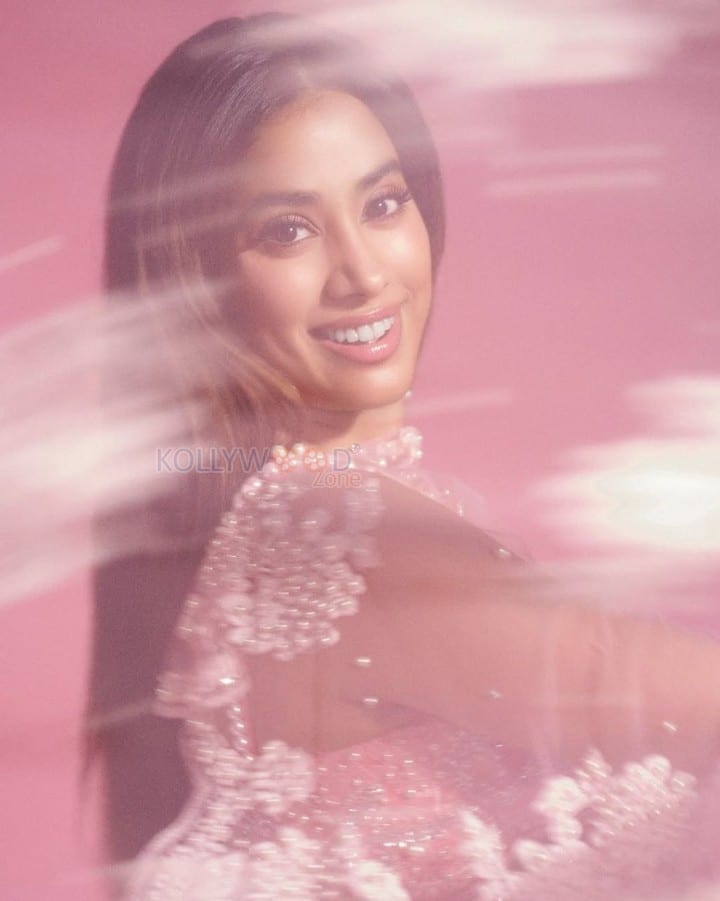 Beautiful Janhvi Kapoor in a Blush Pink Manish Malhotra Lehenga with a Sheer Blouse and Flowing Skirt Pictures 08