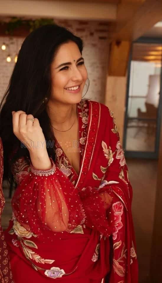 Beautiful Katrina Kaif in a Red Floral Saree Pictures 02