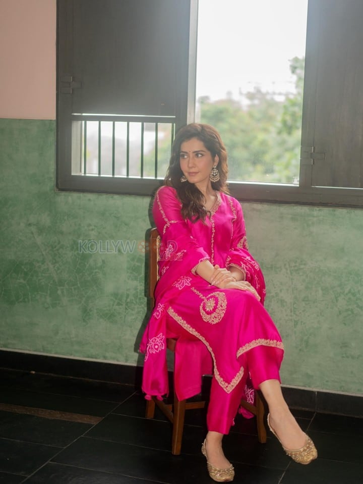 Beautiful Raashi Khanna in a Pink Silk Kamal aur Gulaab Kurta Set with Floral Motifs and Pita Embroidery Photoshoot Pictures 03