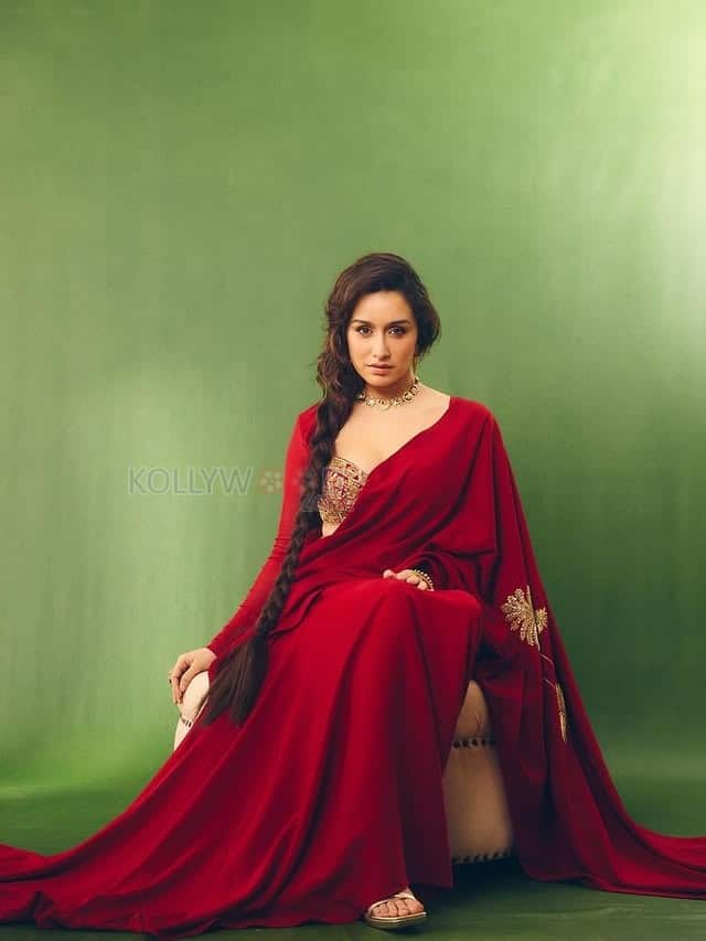 Beautiful Shraddha Kapoor in a Red Silk Saree with Full Sleeve Embroidered Blouse Photos 01