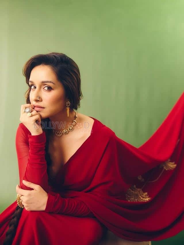 Beautiful Shraddha Kapoor in a Red Silk Saree with Full Sleeve Embroidered Blouse Photos 02