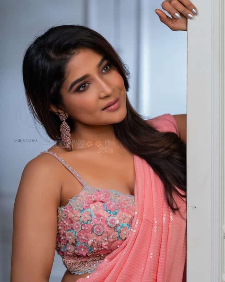 Bigg Boss Fame Sakshi Agarwal in a Light Pink Saree Photoshoot Pictures 03