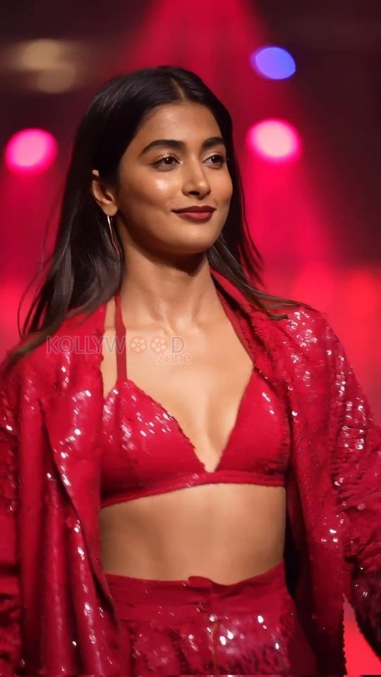 Bold Pooja Hegde in a Red Sequinned Bralette with an Oversized Blazer and Shimmery Pant at Mahindra Tech Fashion Tour Pictures 01