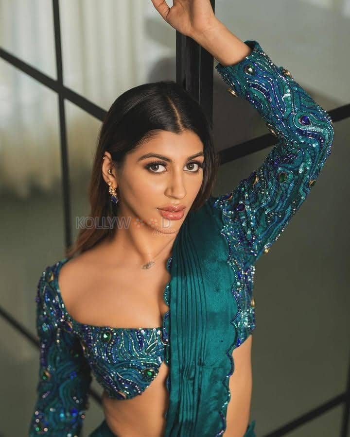 Bold Yashika Aannand in a Green Saree with a Deep Cleavage Neckline Photos 03