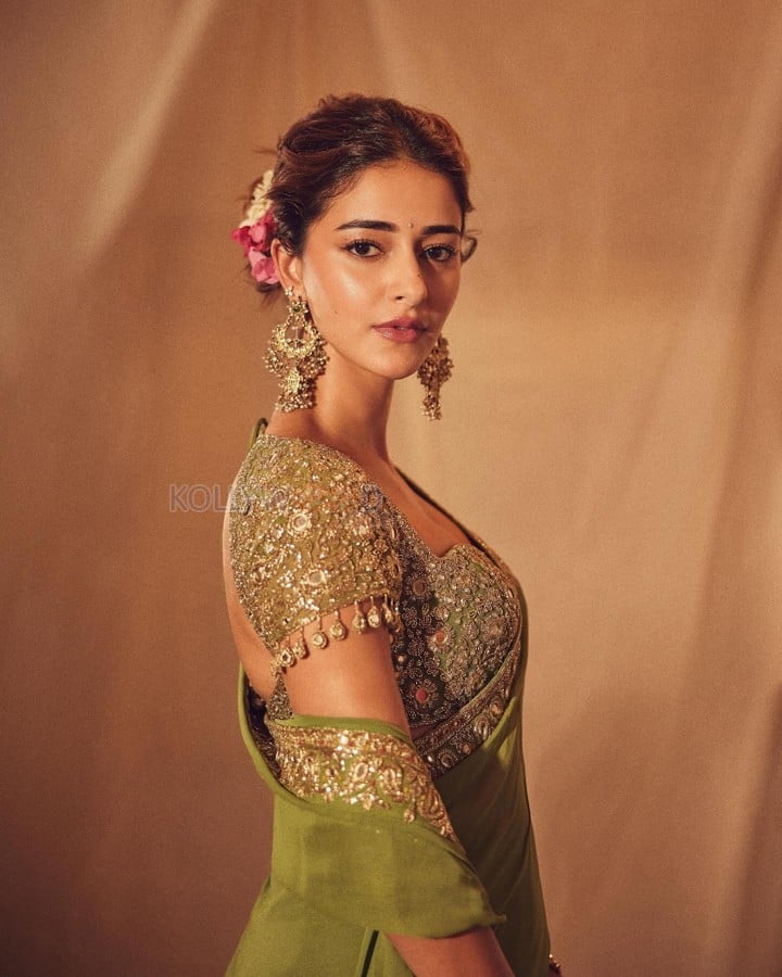 Bollywood Fashionista Ananya Panday in a Green Embroidered Saree with Matching Blouse Pictures 02