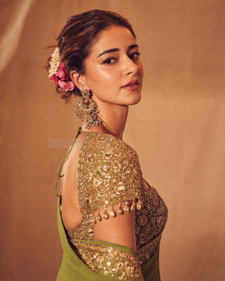 Bollywood Fashionista Ananya Panday in a Green Embroidered Saree with Matching Blouse Pictures 04