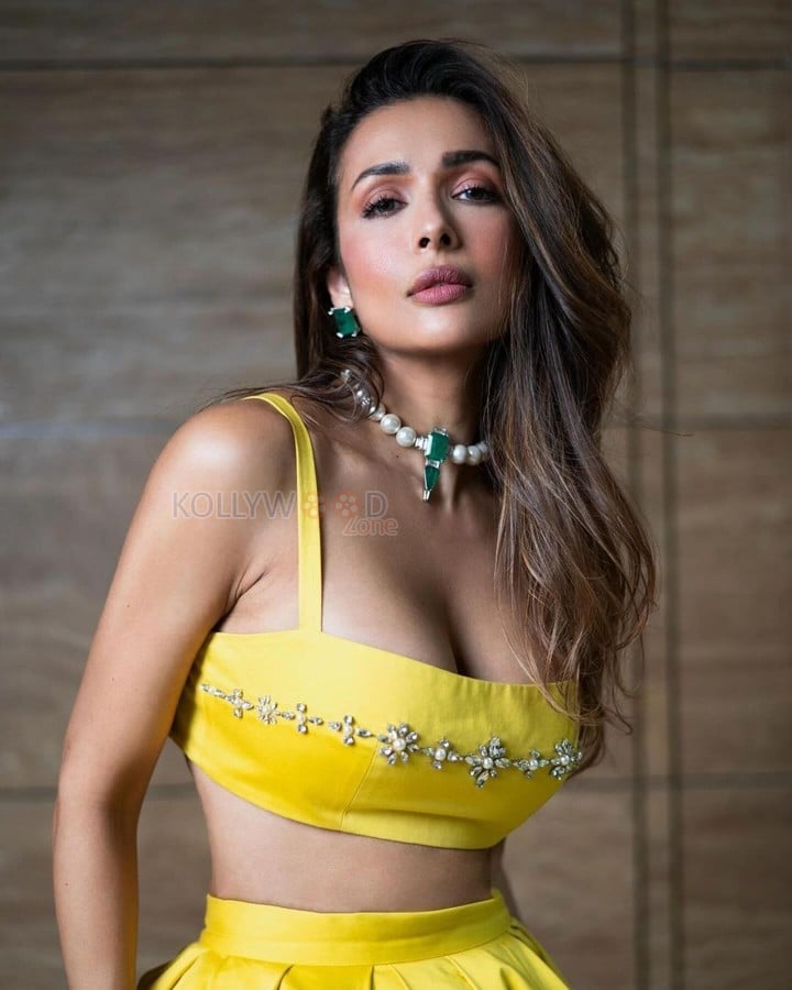 Bollywood MILF Malaika Arora in a Yellow Embellished Straight Neck Crop Top with a Flowing Skirt Pictures 01