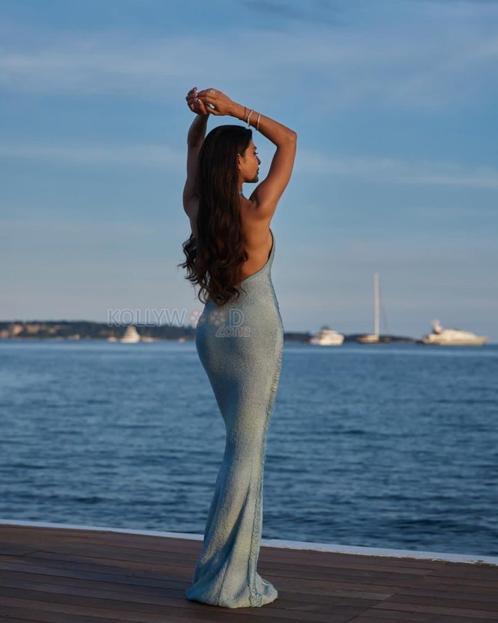Bollywood actress Jacqueline Fernandez in a Pastel Blue Halter Neck Sequined Bodycon Dress at Cannes 2025 Photos 03