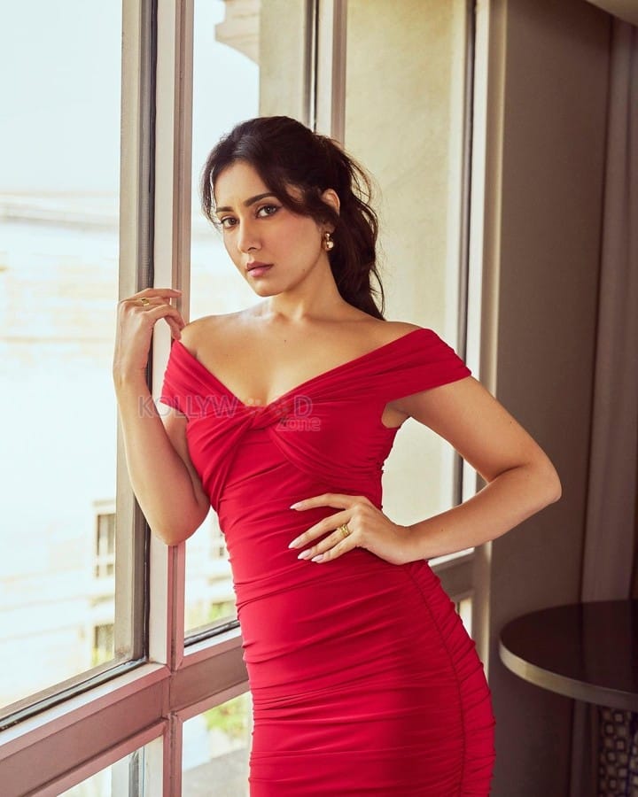 Captivating Raashi Khanna in a Red Off The Shoulder Ruched Midi Dress Photos 02