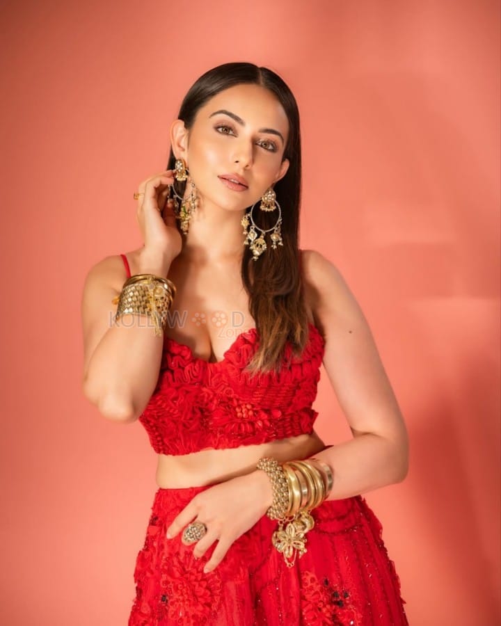 Charming Rakul Preet Singh in a Red Floral Dress with Gold Accessories Photos 02