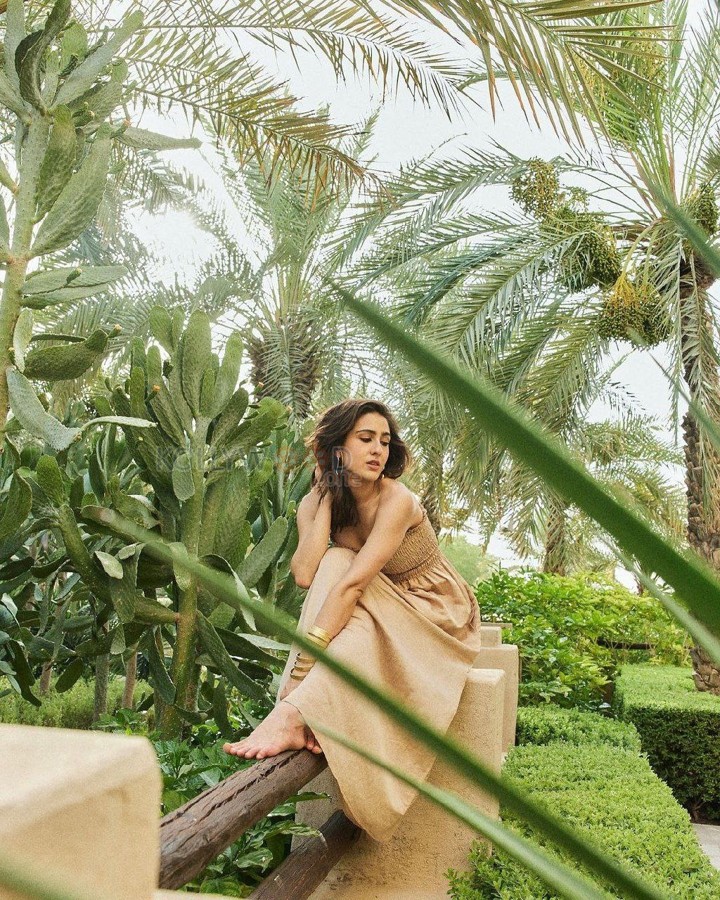 Chic Beauty Sara Ali Khan in a Strapless Beige Maxi Dress Pictures 04