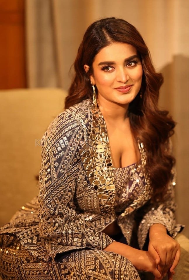 Cute Nidhhi Agerwal in a Mirror Covered Two Piece Dress with a Matching Jacket Photos 02