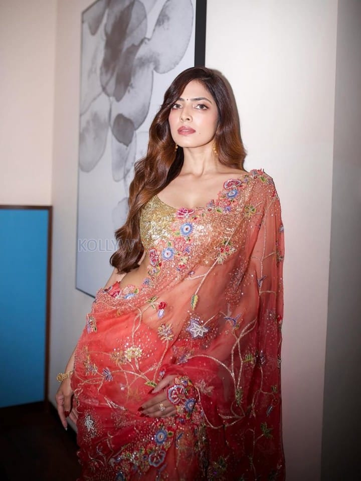 Desi Glamour Malavika Mohanan in a Sheer Coral Orange Saree with Floral Embroidery with a Gold Shimmer Blouse Photos 02