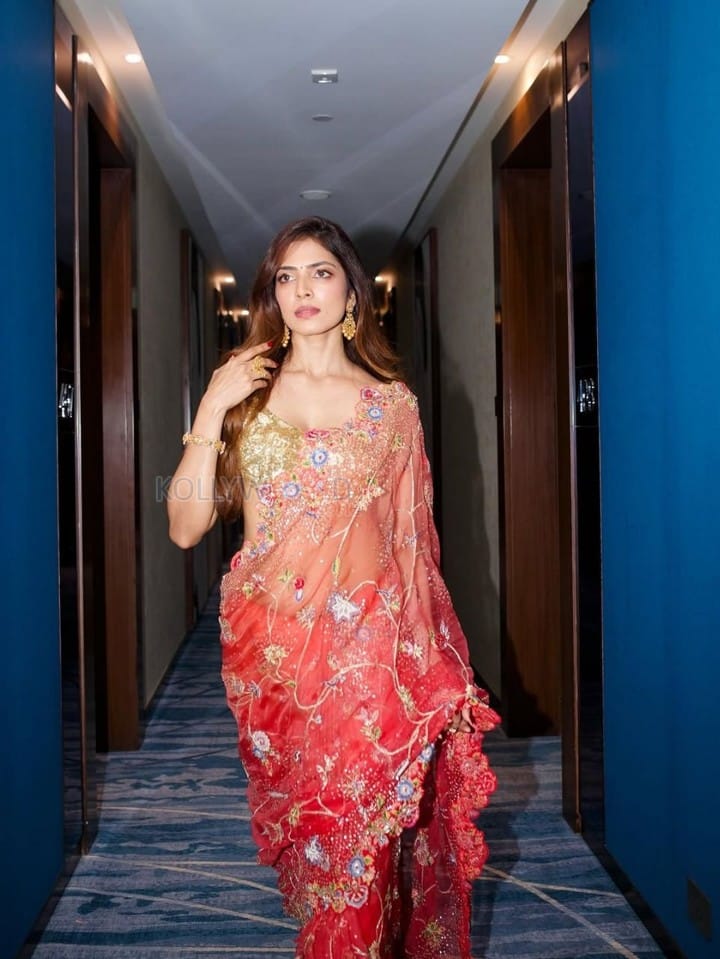 Desi Glamour Malavika Mohanan in a Sheer Coral Orange Saree with Floral Embroidery with a Gold Shimmer Blouse Photos 03