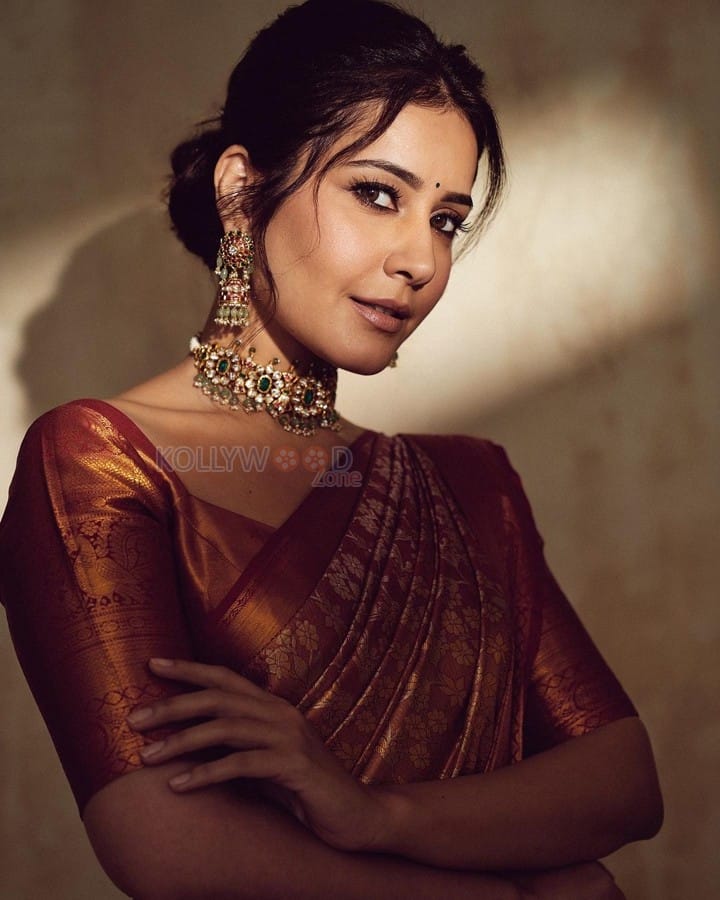 Elegant Raashi Khanna in a Rust Red Banarasi Silk Saree Photoshoot Pictures 03