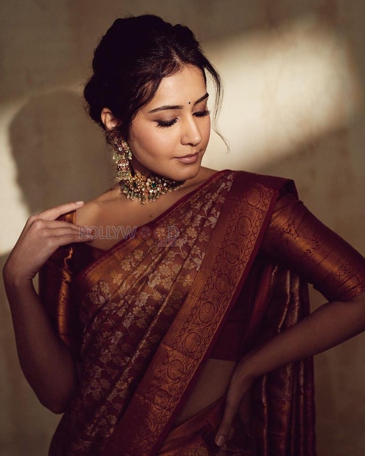 Elegant Raashi Khanna in a Rust Red Banarasi Silk Saree Photoshoot Pictures 07