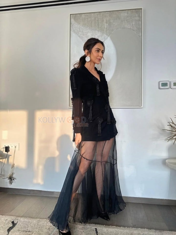 Elegant Rakul Preet Singh in a Black Long Sleeved Top with a Sheer Black Maxi Skirt Pictures 02