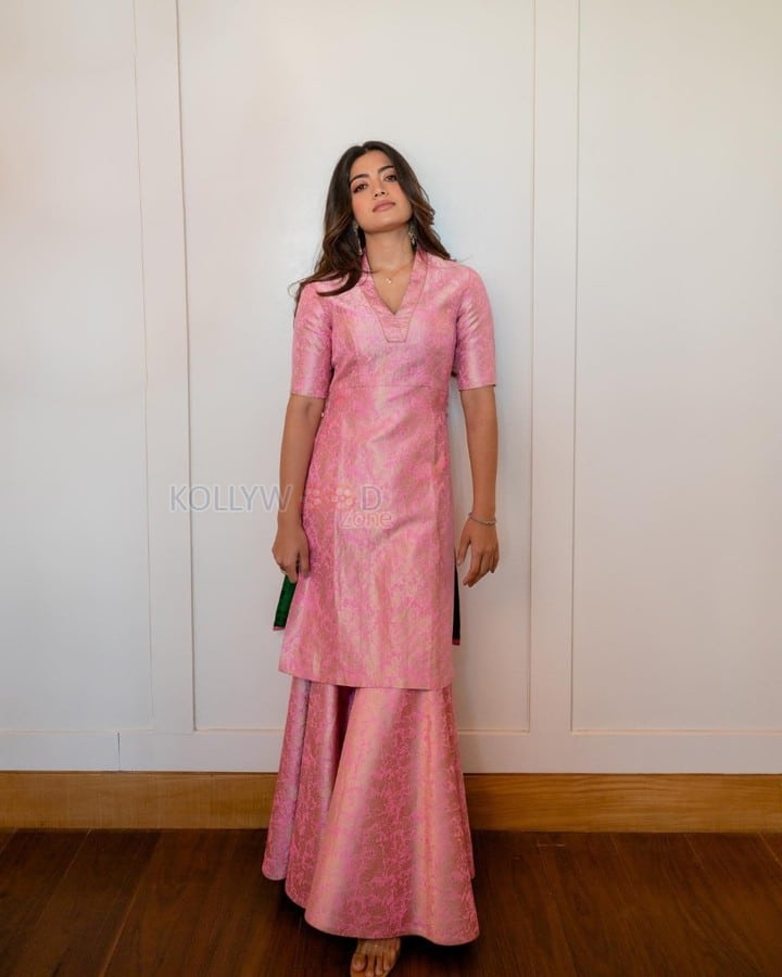 Elegant Rashmika Mandanna in an Ethnic Pink Blush Kurta Photos 02