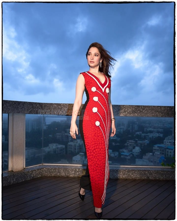 Enchanting Tamannaah Bhatia in a Red Sleeveless Gown with a Deep V Neckline Pictures 02