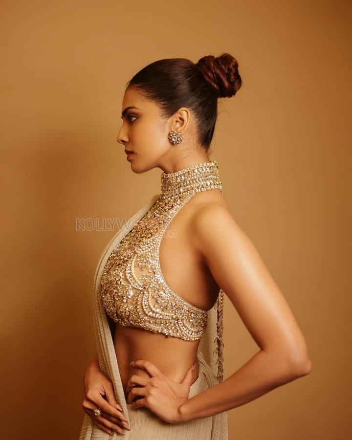Favourite Star of the Year Malavika Mohanan in a Golden Manish Malhotra Saree with a Shimmery Halter Neck Sleeveless Blouse Pictures 03