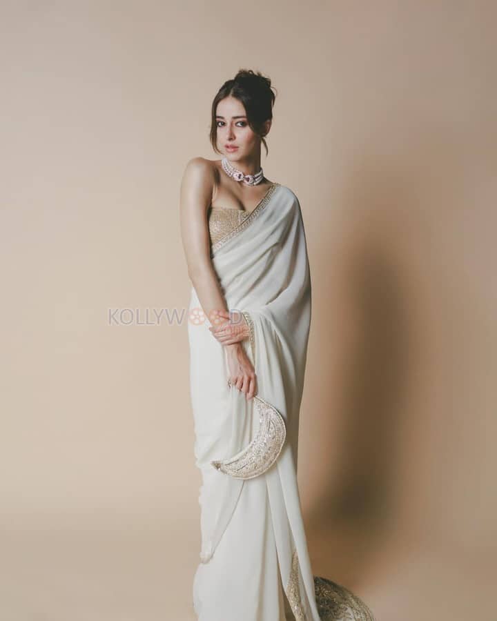 Glamorous Ananya Panday in an Ivory Saree with a Metallic Strapless Corset Blouse Photos 04