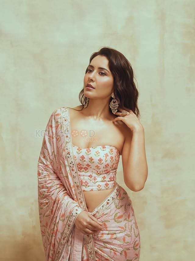Glamorous Raashi Khanna in a Light Pink Floral Saree with a Bandeau Tube Strapless Blouse Photos 01