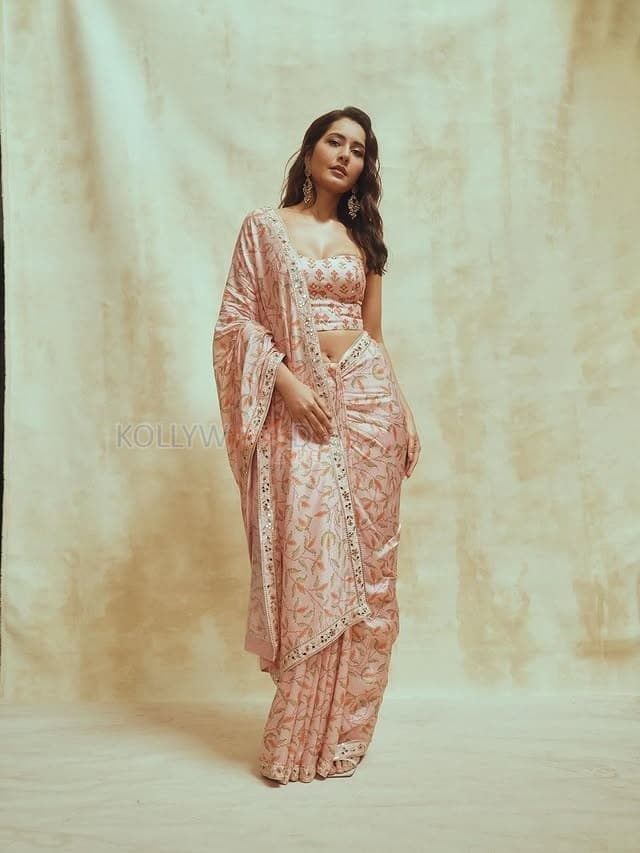 Glamorous Raashi Khanna in a Light Pink Floral Saree with a Bandeau Tube Strapless Blouse Photos 02