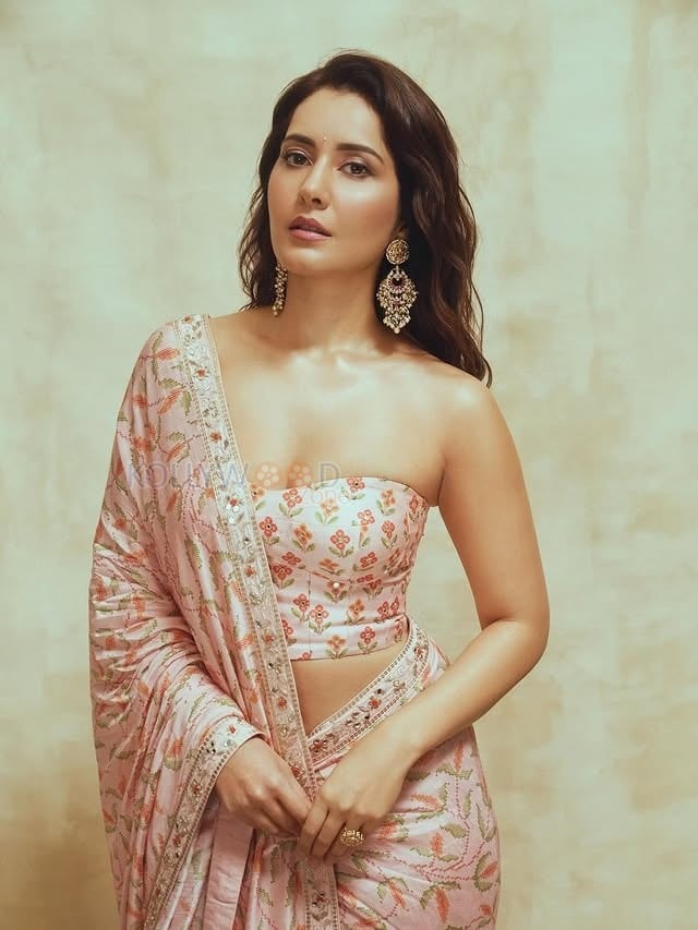 Glamorous Raashi Khanna in a Light Pink Floral Saree with a Bandeau Tube Strapless Blouse Photos 03