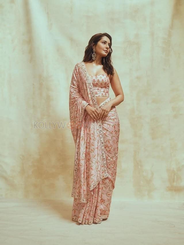 Glamorous Raashi Khanna in a Light Pink Floral Saree with a Bandeau Tube Strapless Blouse Photos 04