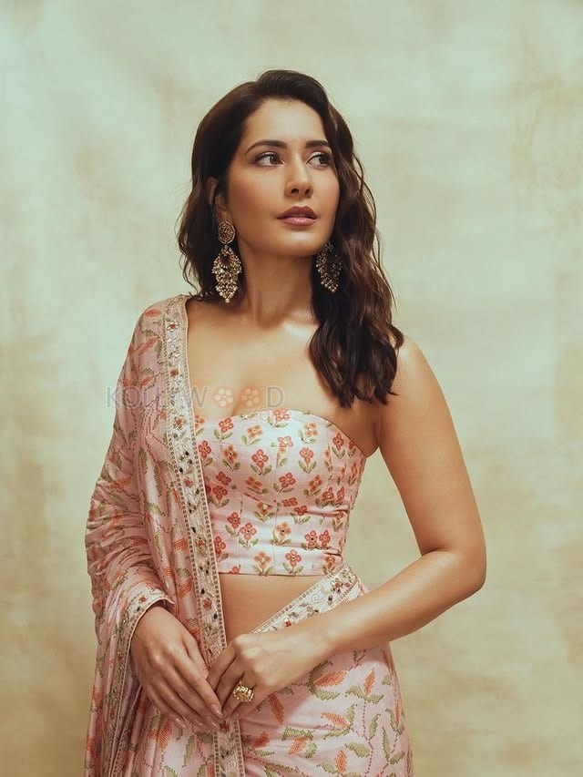 Glamorous Raashi Khanna in a Light Pink Floral Saree with a Bandeau Tube Strapless Blouse Photos 05