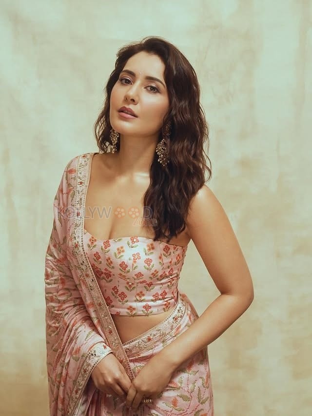 Glamorous Raashi Khanna in a Light Pink Floral Saree with a Bandeau Tube Strapless Blouse Photos 06