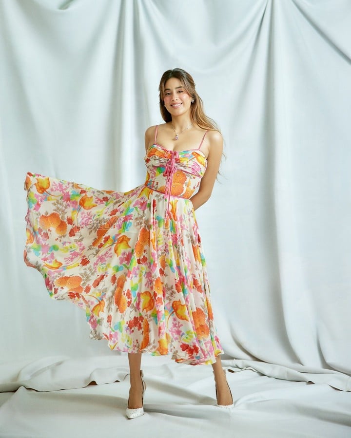 Gorgeous Janhvi Kapoor in a Floral Calf Length Flared Dress with Spaghetti Straps Photos 04