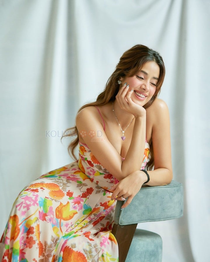Gorgeous Janhvi Kapoor in a Floral Calf Length Flared Dress with Spaghetti Straps Photos 08
