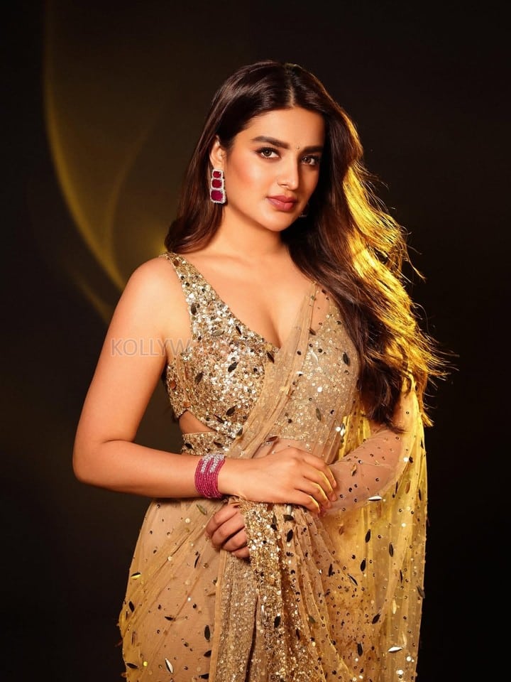 Gorgeous Nidhhi Agerwal in a Golden Sequinned Netted Saree with a Deep Cleavage Sleeveless Blouse Photos 01