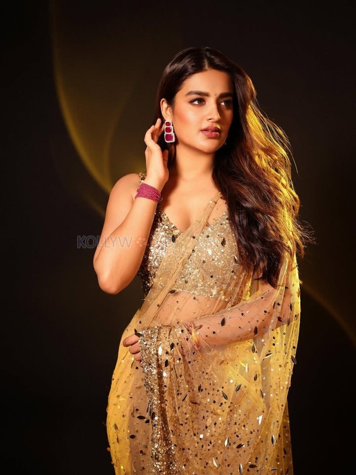 Gorgeous Nidhhi Agerwal in a Golden Sequinned Netted Saree with a Deep Cleavage Sleeveless Blouse Photos 03
