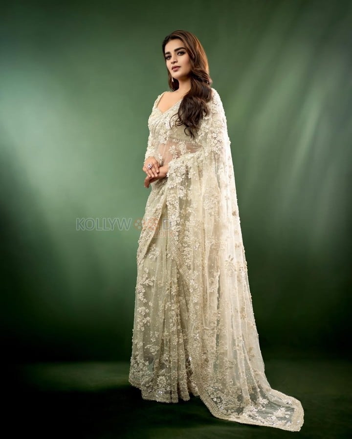 Gorgeous Nidhhi Agerwal in a White Floral Saree Pictures 02