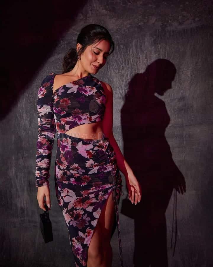 Gorgeous Raashi Khanna in a Purple Floral Cutout Dress Pictures 03