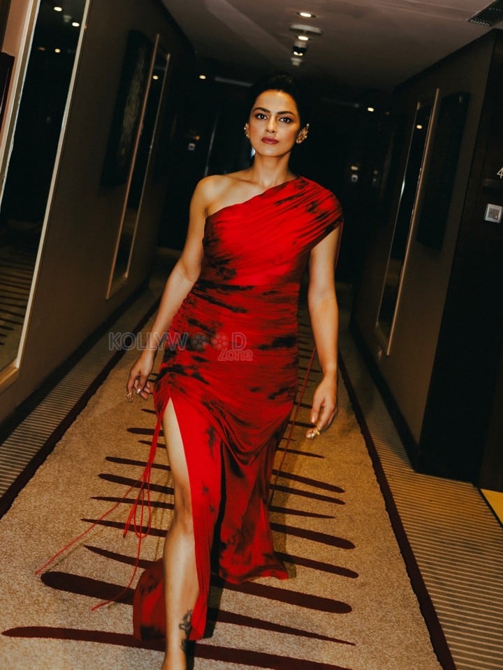 Gorgeous Shraddha Srinath in a Red One Shoulder Draped Dress with a High Slit Pictures 02