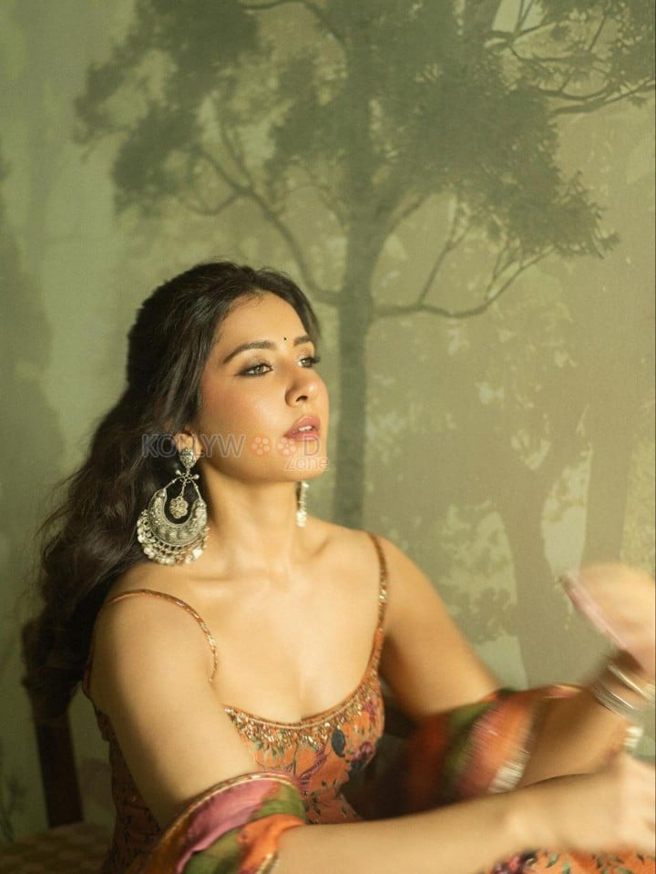 Graceful Raashi Khanna in a Floral Sleeveless Anarkali Dress with a Deep Neck Photos 02