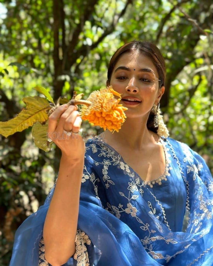 Heroine Pooja Hegde in a Blue Embroidered Anarkali Set Photos 01