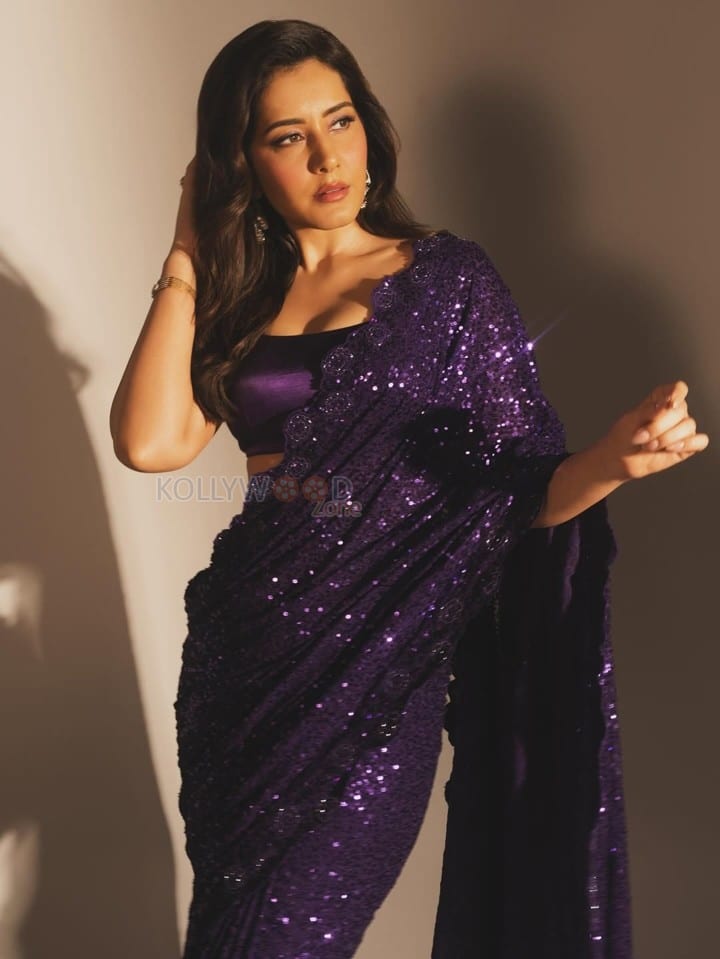 Hot Actress Raashii Khanna in a Purple Sequin Saree with a Matching Satin Blouse Pictures 03