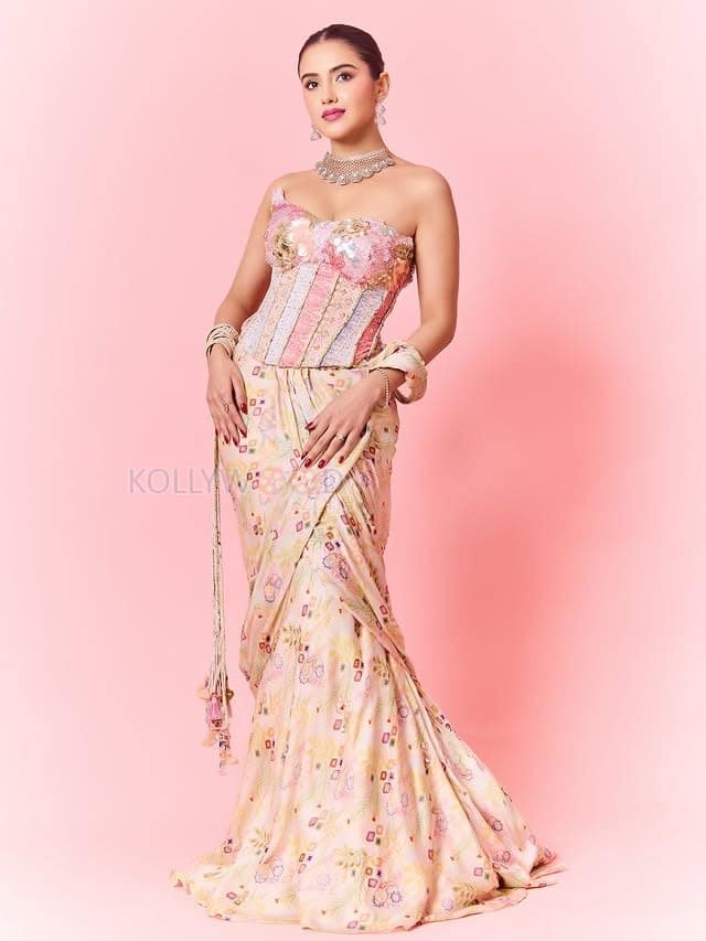 Hot Malvika Sharma in a Pastel Pink Sequined Embroidered Corset Top with Floral Embellishments and Pre Draped Saree Pictures 01