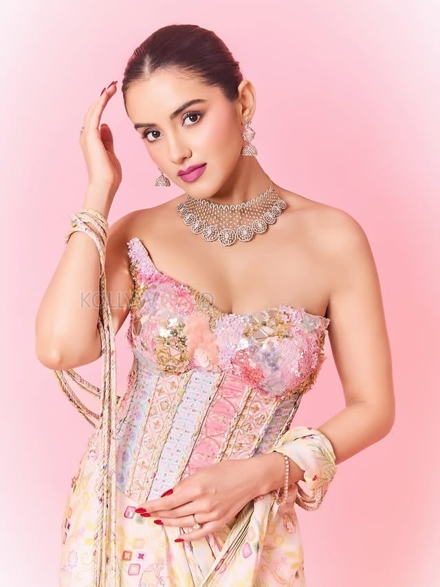 Hot Malvika Sharma in a Pastel Pink Sequined Embroidered Corset Top with Floral Embellishments and Pre Draped Saree Pictures 07